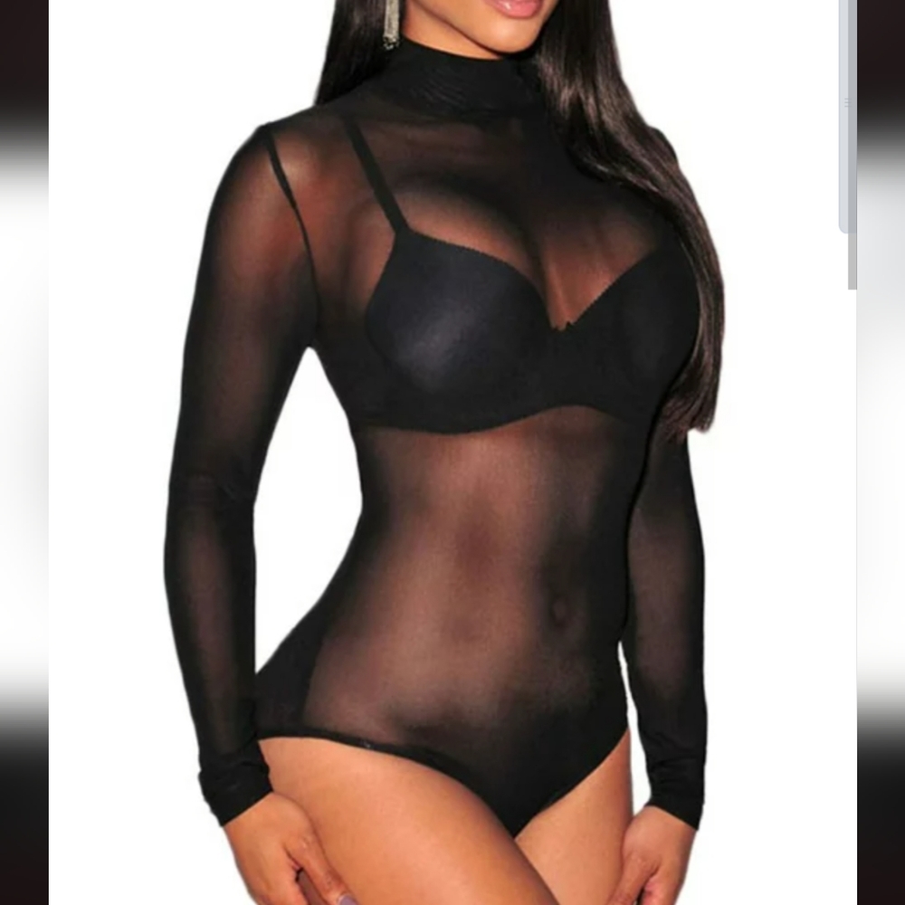 Long Sleeve Black Mesh Bodysuit